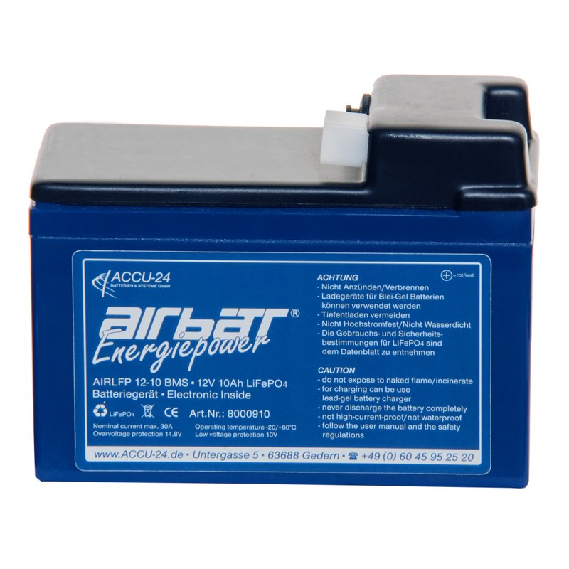 AIRBATT Energiepower LiFePO4 12,8V 10Ah Versorgungsbatterie Polabdeckung mit 10A-Sicherungsautomat und Tyco-Anschluss (Stecker) mittig